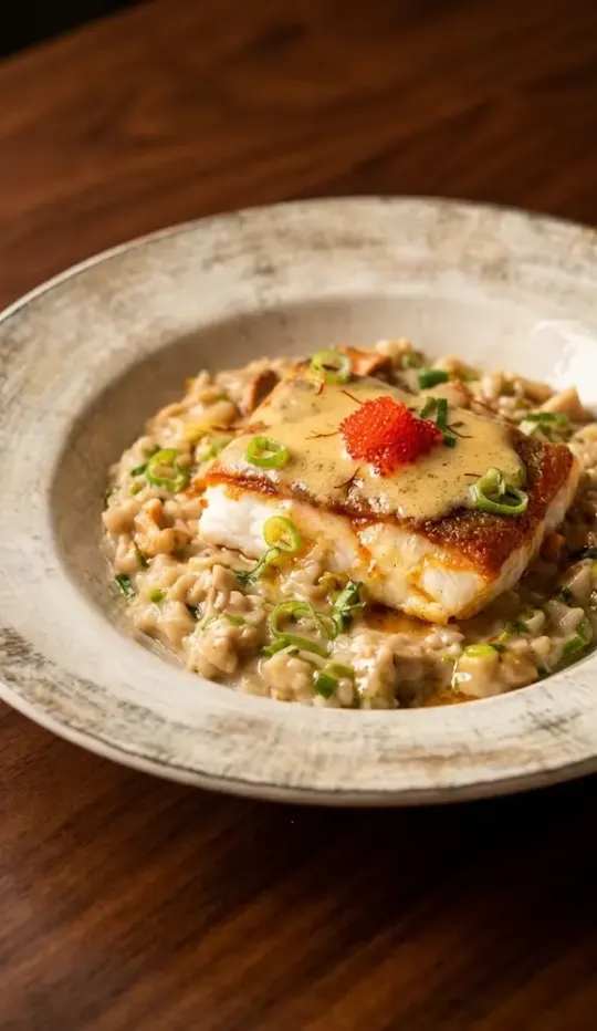 Poisson snacké posé sur un risotto, plat du jour de l’ardoise