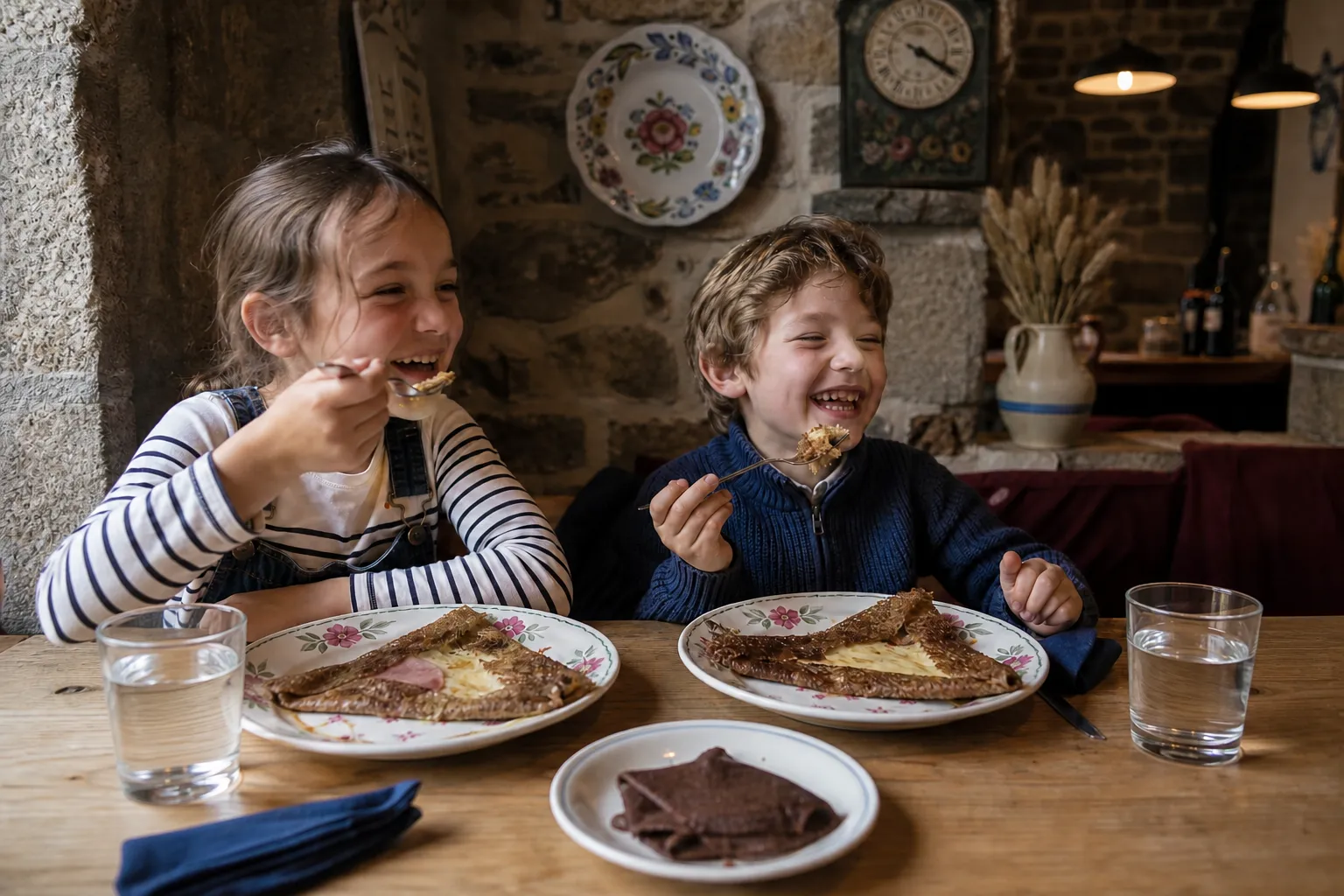 Deux enfants rient à table en mangeant leur galette du menu P’tit Giron
